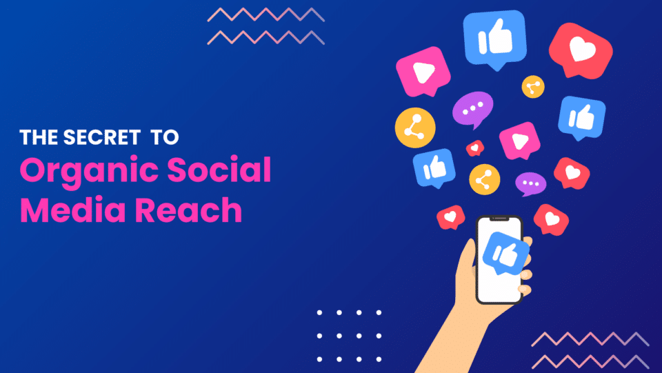 social media concept graphic that reads "The Secret to Organic Social Media Reach"