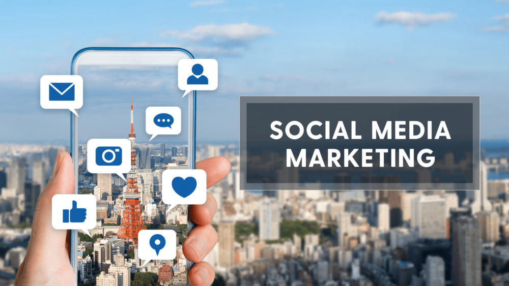 hand holding cell phone taking picture of city with social media icons