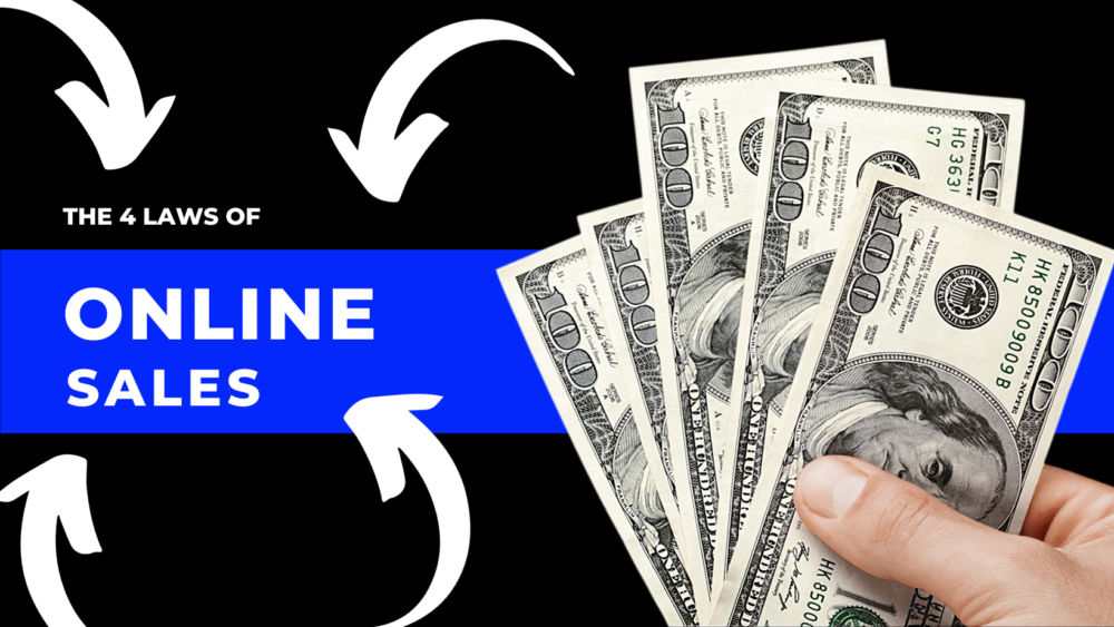 black and blue graphic of hand holding money and arrows point to "the four laws of online sales"