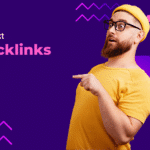 purple and hot pink graphic with man in yellow pointing to text "anchor text in backlinks"