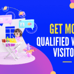 blue graphic with cartoon character searching website. reads "Get more qualified website visitors"
