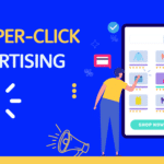 blue graphic with cartoon character clicking oversized cell phone shopping. reads "Pay-per-click advertising"