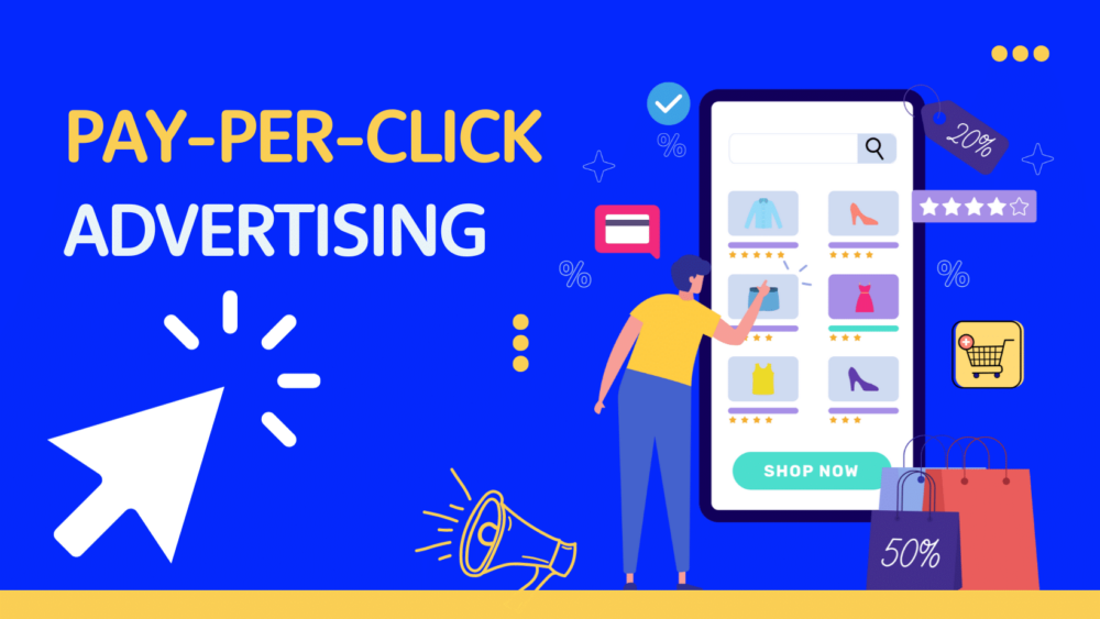 blue graphic with cartoon character clicking oversized cell phone shopping. reads "Pay-per-click advertising" » Advent Trinity Marketing Agency blue graphic with cartoon character clicking oversized cell phone shopping. reads "Pay-per-click advertising"