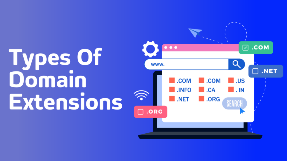 blue graphic with browser displaying different domain extensions. reads "types of domain extensions"