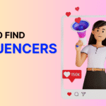 cartoon influencer holding megaphone inside an instagram photo frame. graphic reads "how to find influencers"
