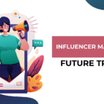 cartoon influencer holding megaphone inside a smart phone frame. graphic reads "influencer marketing, future trends"
