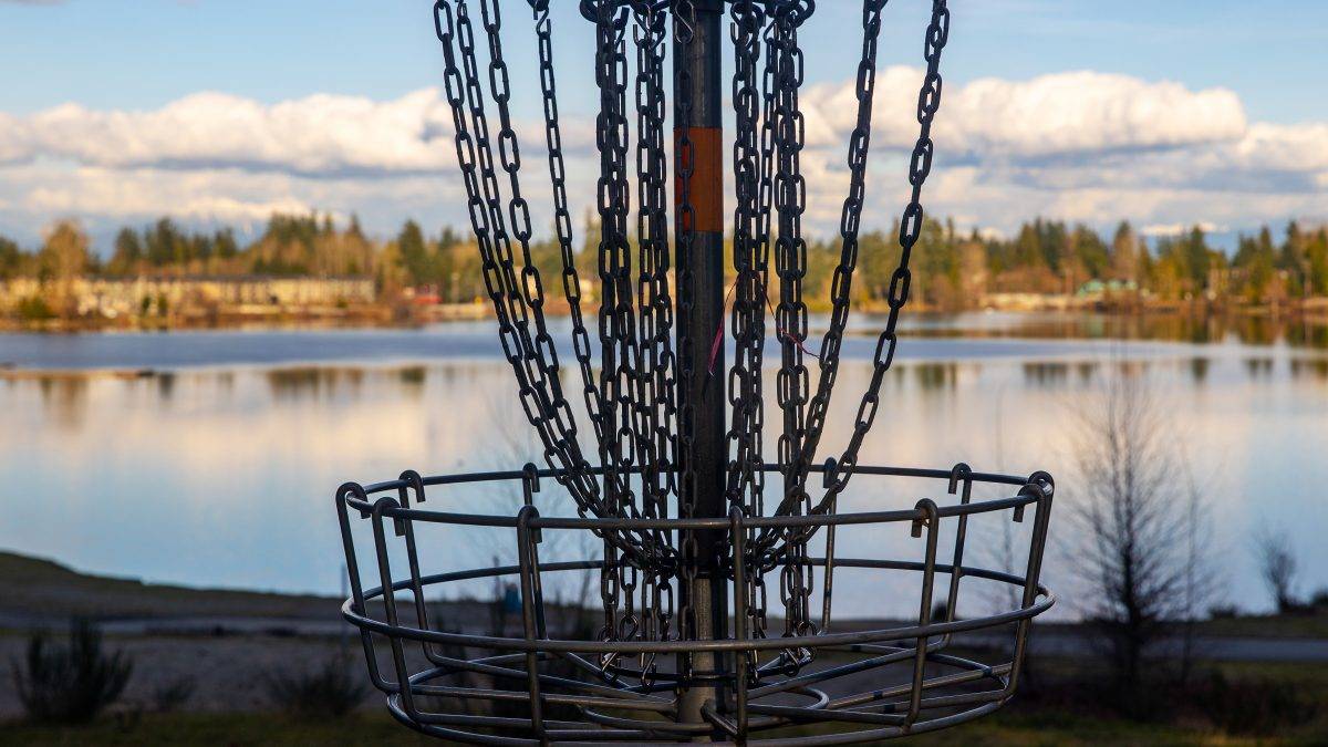 Disc golf basket on pretty park course near a lake under blue sk