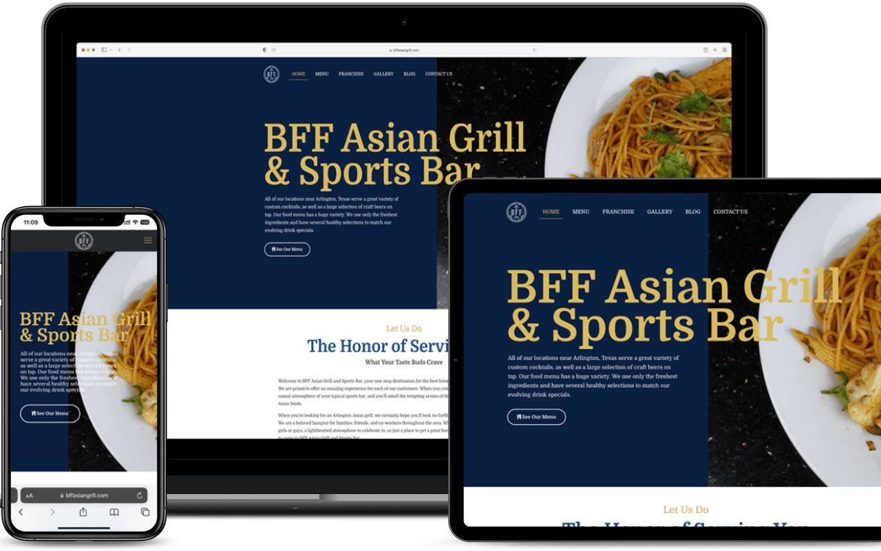 digital devices showing website design for bff asian grill & sport bar