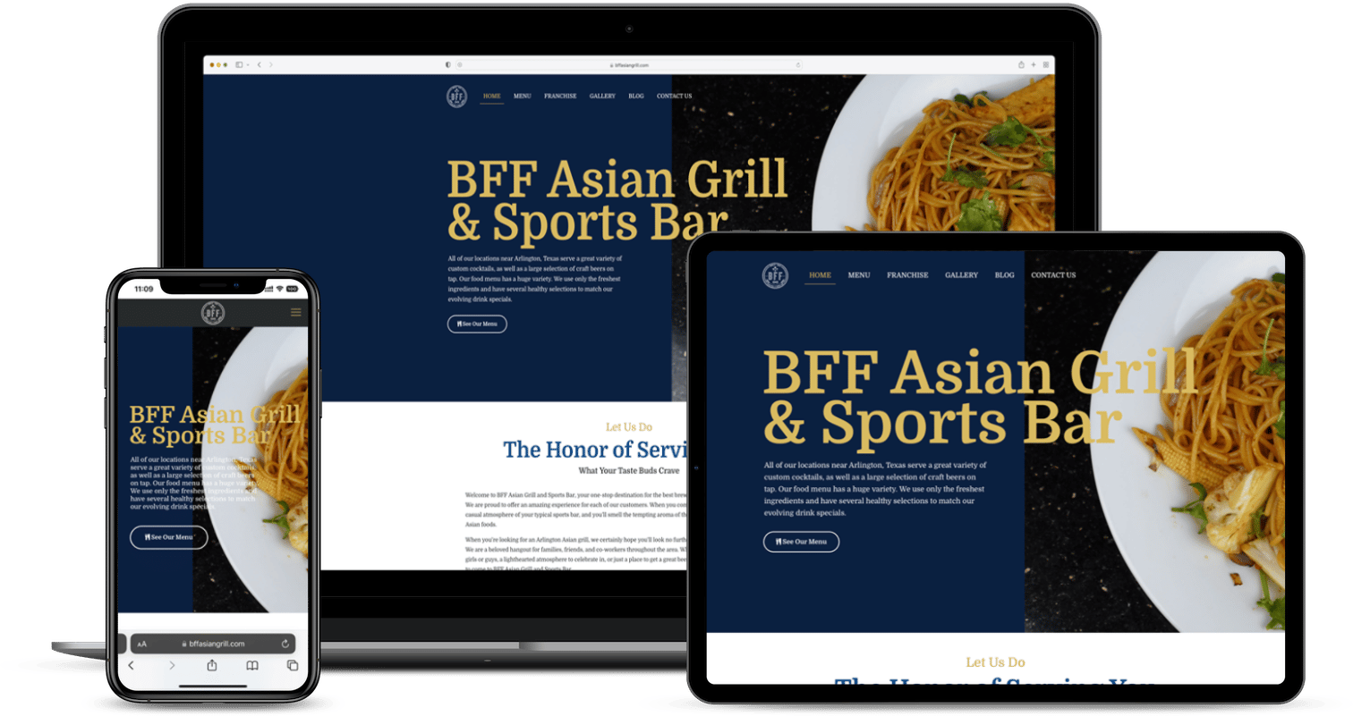 digital devices showing website design for bff asian grill & sport bar