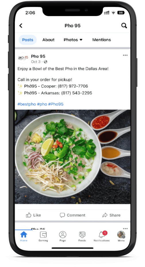 digital device showing facebook ad for pho95