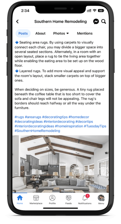 southern home remodeling post for facebook on a digital device