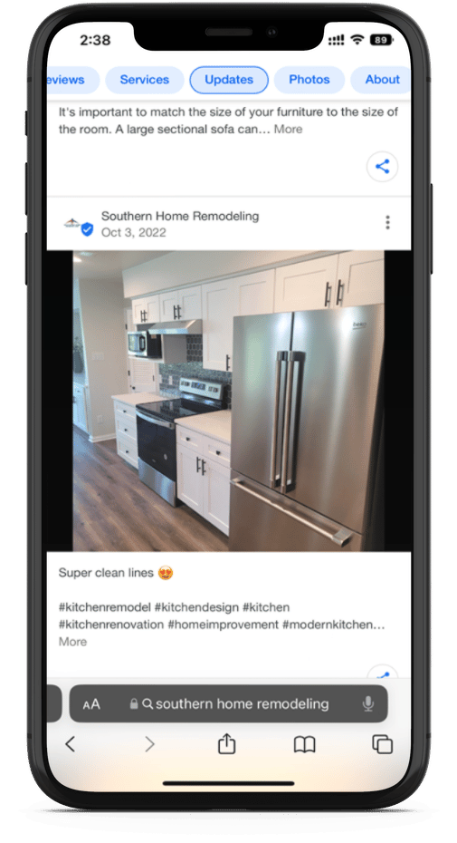 southern home remodeling post for google my business on a digital device