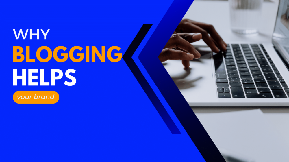 hands typing on a laptop. "Why blogging helps your brand"