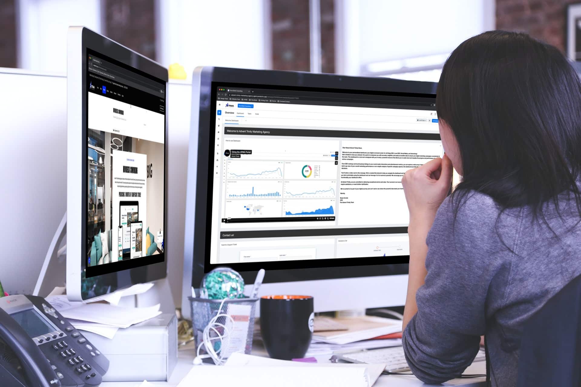 woman working on two computer screens review how to use advent trinity marketing agency analytics portal