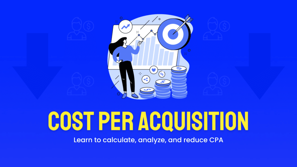 cost per acquisition concept. "Cost per acquisition: LEARN TO CALCULATE, ANALYZE, AND REDUCE CPA."