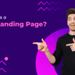 man in black sweater pointing to "What makes a great landing page?"