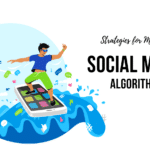 cartoon man riding smart phone as surf board on ocean wave. "Strategies for Mastering SOCIAL MEDIA ALGORITHMS"