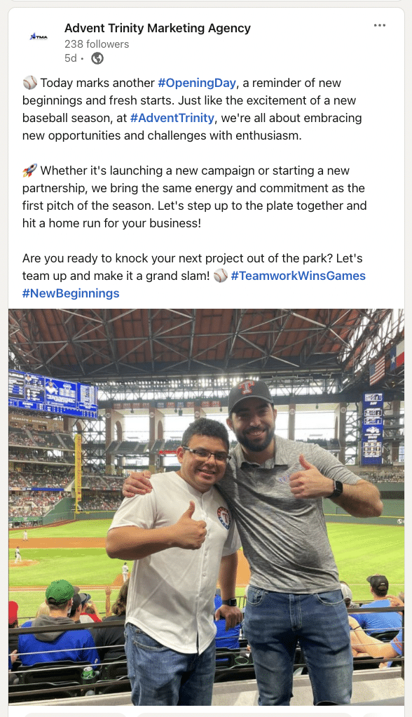 ATMA LinkedIn social media post for awareness stage. Depicts two male employees at a Rangers Game giving thumbs up.