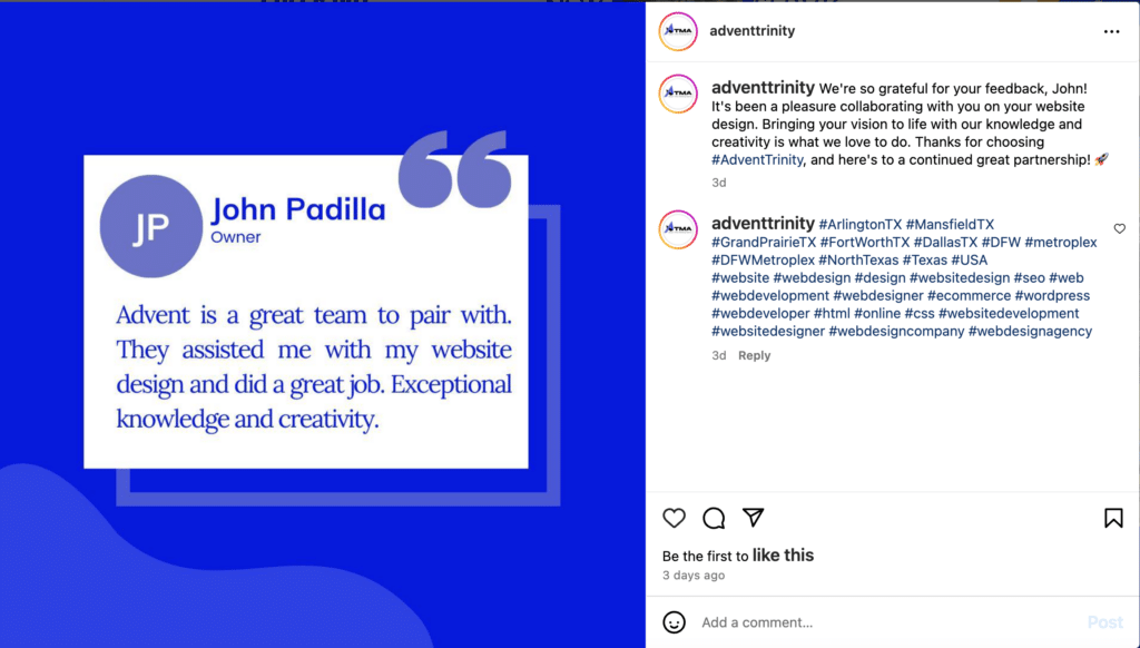 ATMA Instagram post with a graphic of a Google review from a client.
