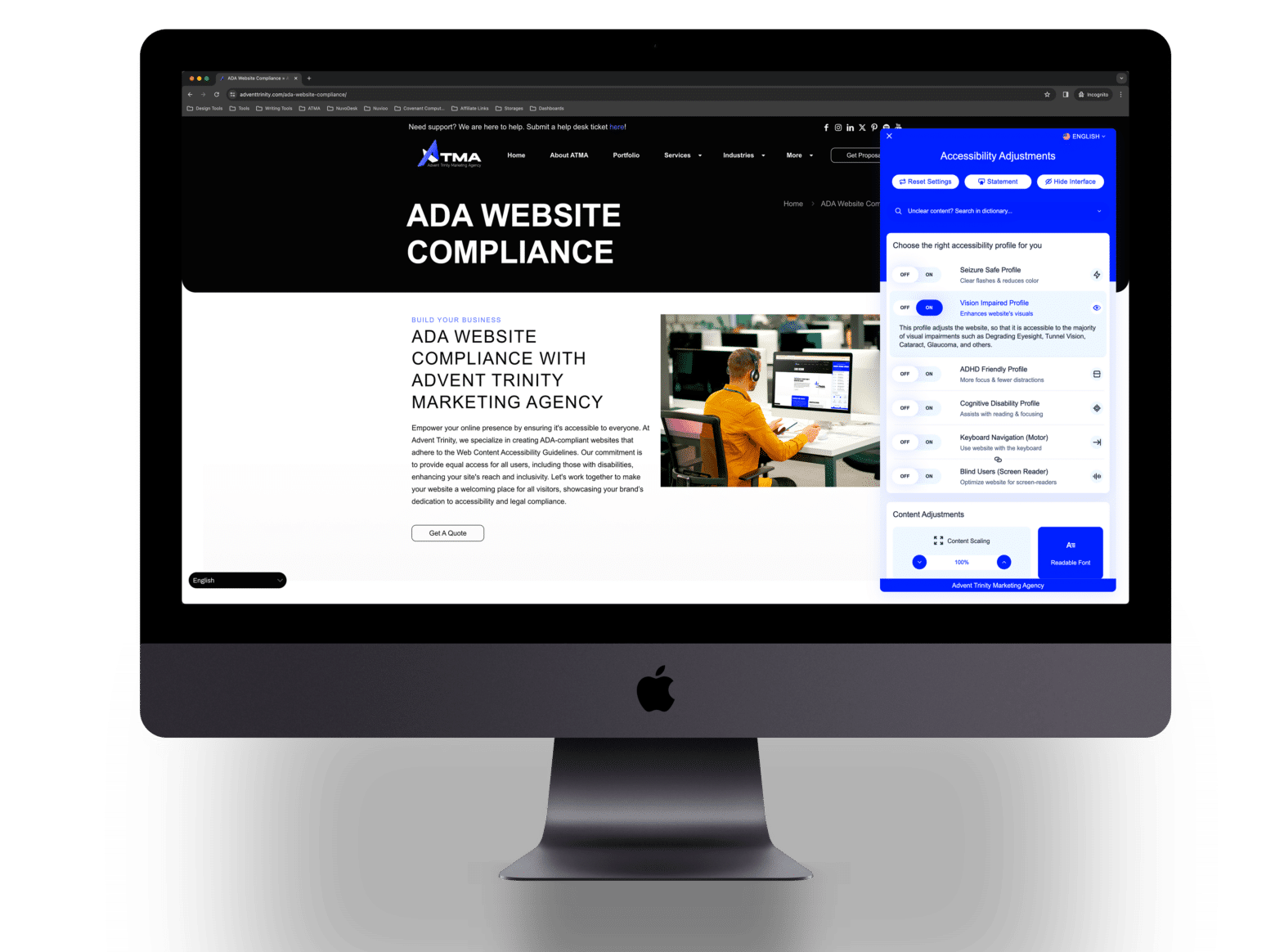 ada compliant service by advent trinity marketing agency page using the vision impaired selection via the accessibility icon
