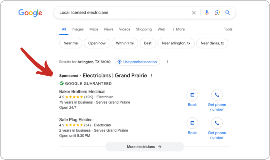 google search for local licensed electricians and sponsored electricians in grand prairie with google guaranteed