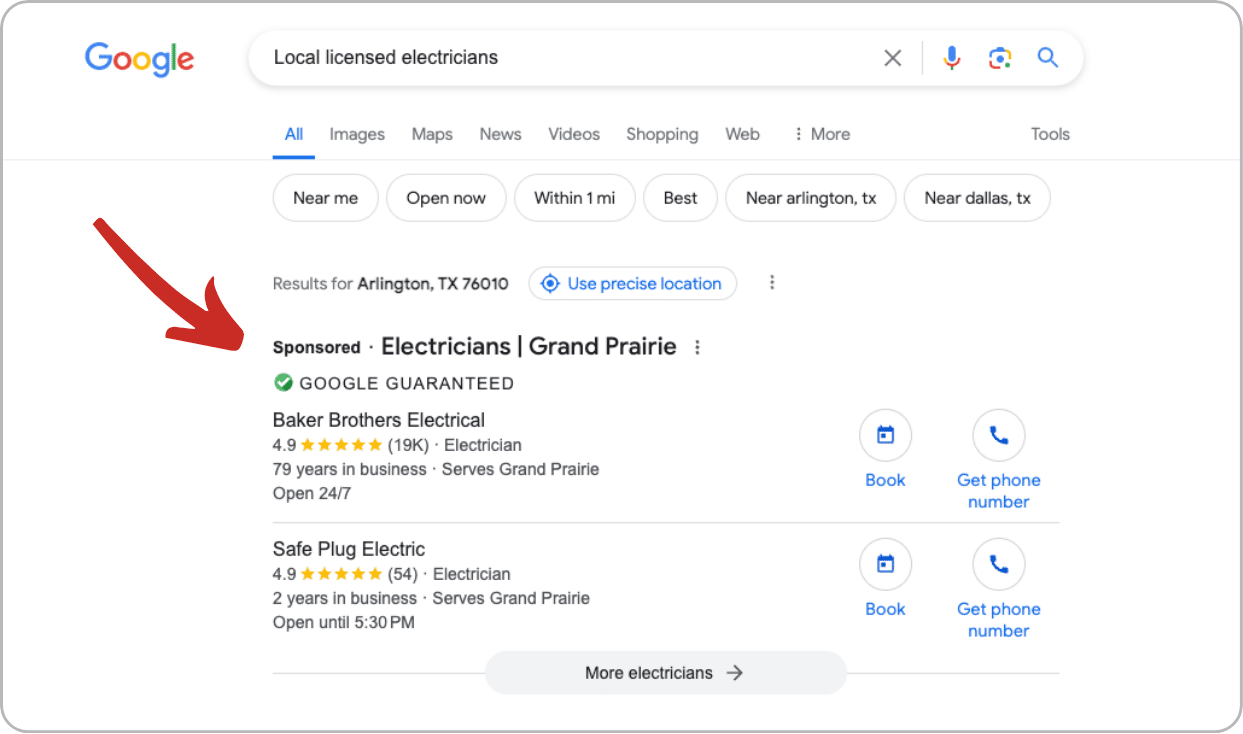 Red arrow pointing to electrician in SERP example in Google search