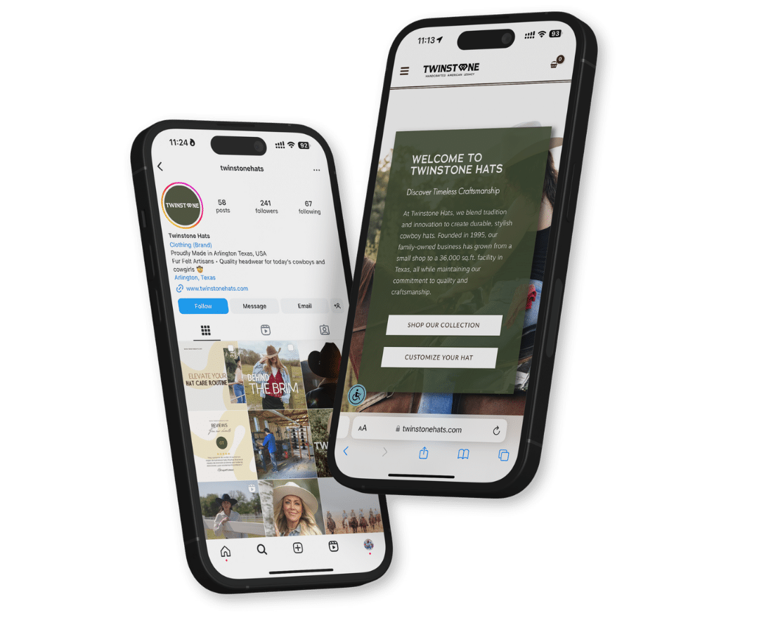 twinstone hats a client with advent trinity mobile view of the website and instagram