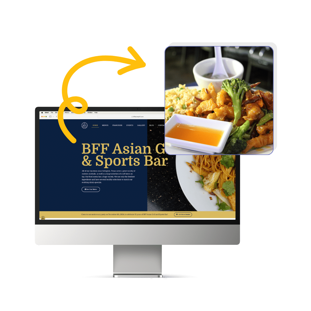 bff asian grill & sports bar website and image of a plate from the menu