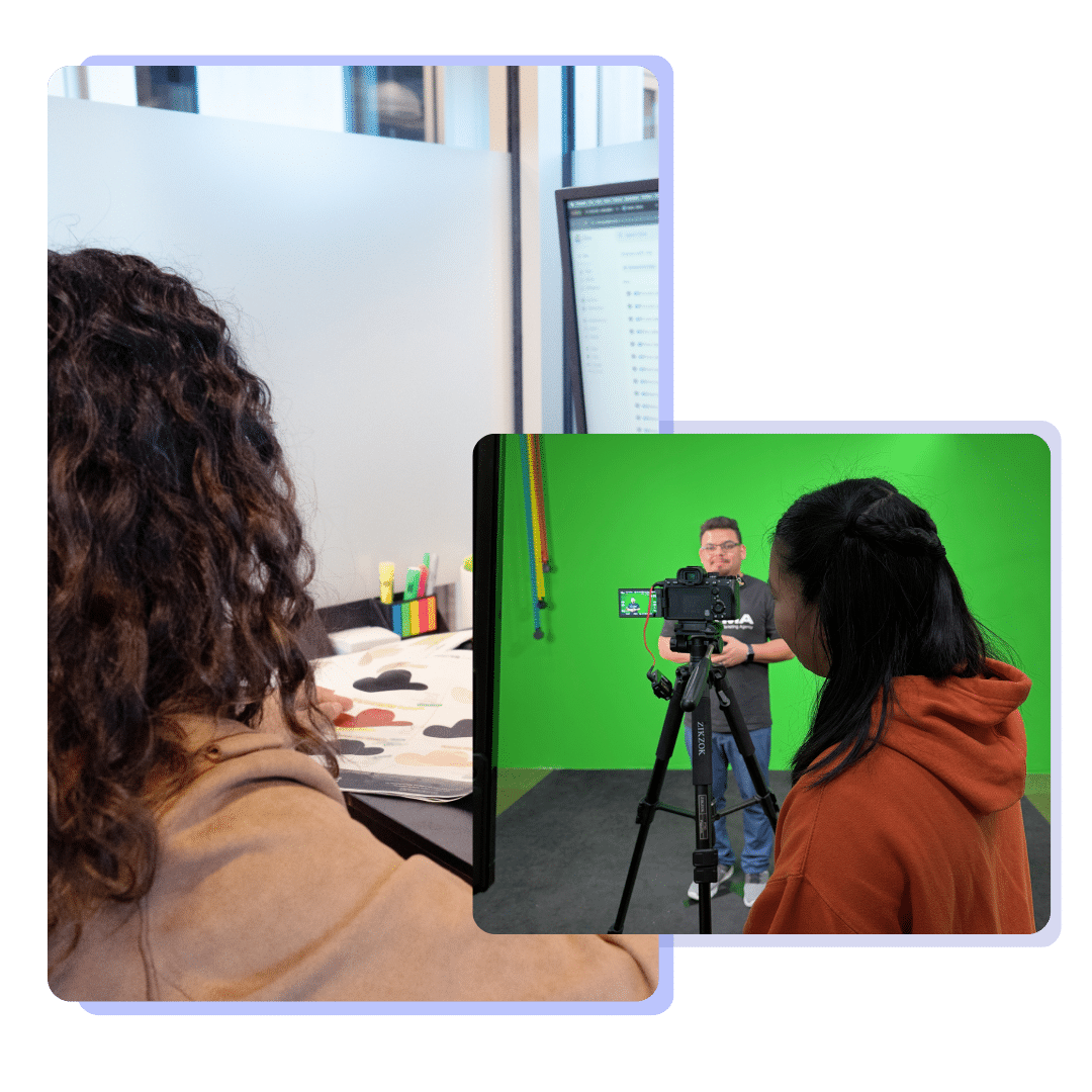Woman working on fabric swatches at a desk and a video shoot in progress with a green screen and camera crew.