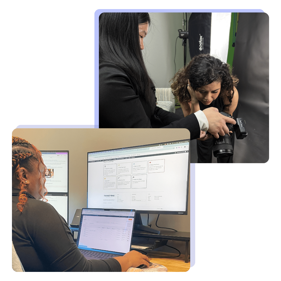Woman reviewing photos on a DSLR camera during a studio shoot and another woman managing a website and analytics on dual screens.