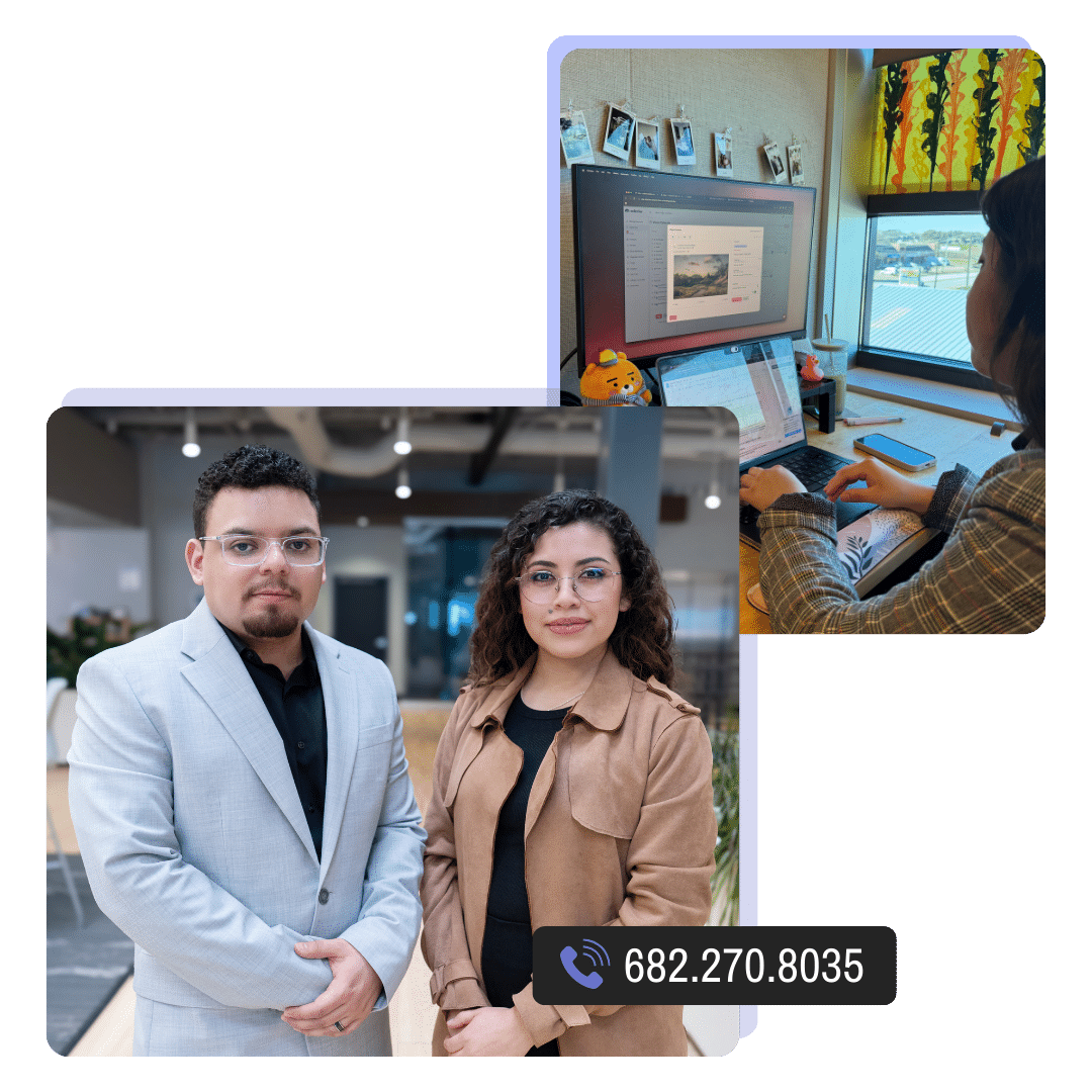 Two professionals posing in an office and a person working on a computer with phone number displayed