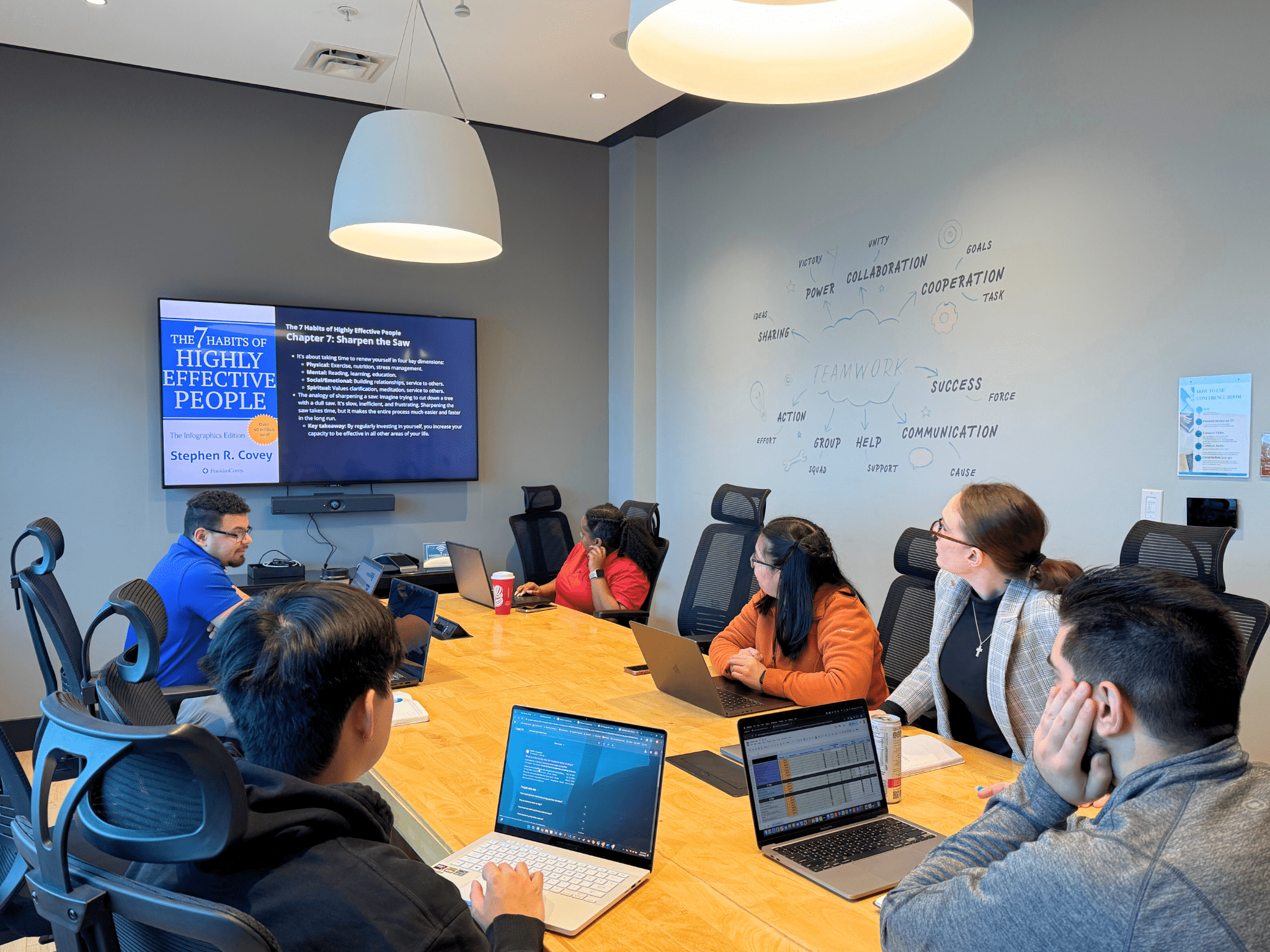 Office team in a meeting room learning about Stephen R. Covey’s 7 Habits of Highly Effective People with a focus on personal development.