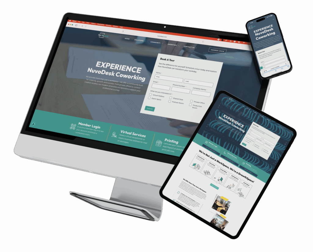 Multi-device display of nuvodesk coworking facility website on desktop, tablet, and smartphone screens.