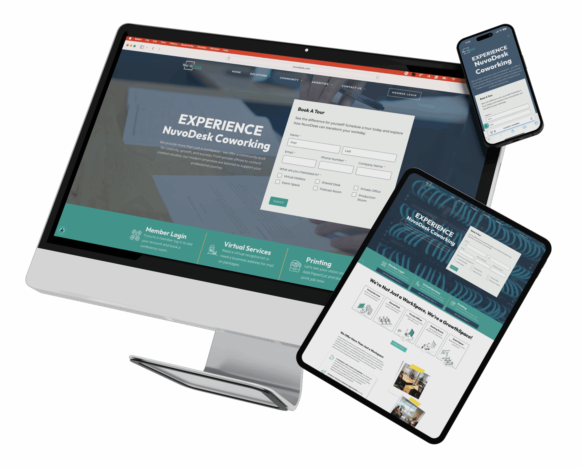 Multi-device display of nuvodesk coworking facility website on desktop, tablet, and smartphone screens.