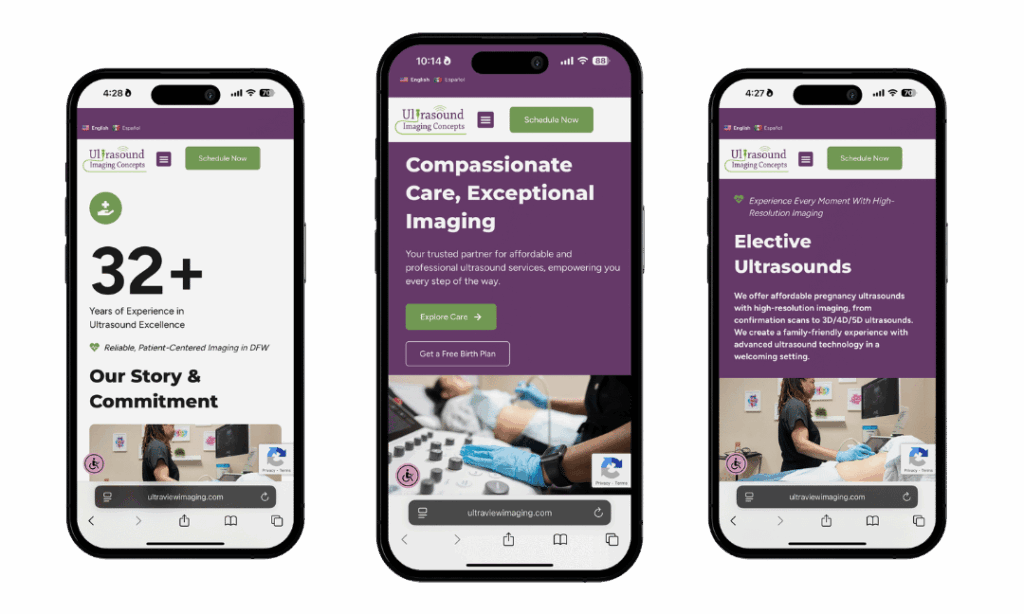 Three smartphones displaying the responsive mobile website for Ultrasound Imaging Concepts, highlighting key features like elective ultrasounds and compassionate care.