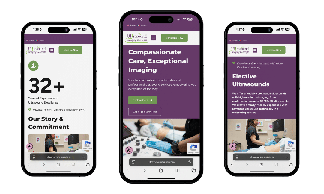 Three smartphones displaying the responsive mobile website for Ultrasound Imaging Concepts, highlighting key features like elective ultrasounds and compassionate care.