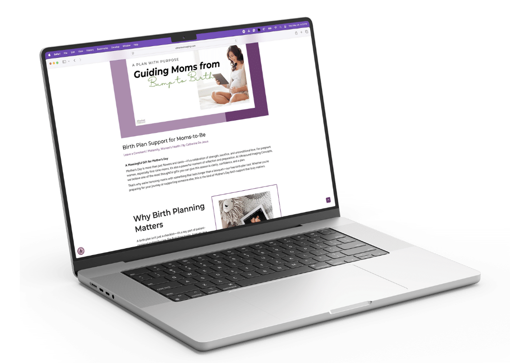 Open laptop displaying a birth planning webpage from Ultrasound Imaging Concepts, titled “Guiding Moms from Bump to Birth.”