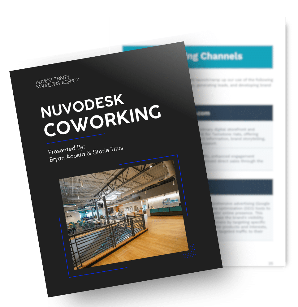 Mockup of a marketing plan booklet for NuvoDesk Coworking by Advent Trinity Marketing Agency with facility photos.