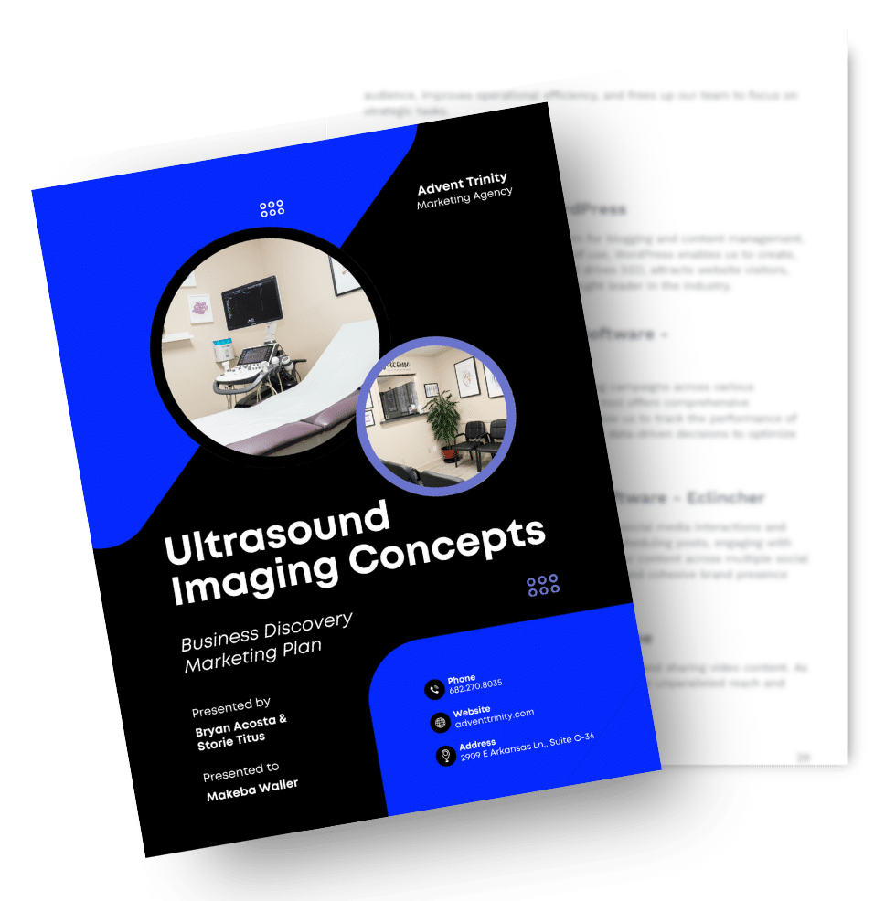 Mockup of a marketing plan booklet for Ultrasound Imaging Concepts by Advent Trinity Marketing Agency with clinic photos and contact information.