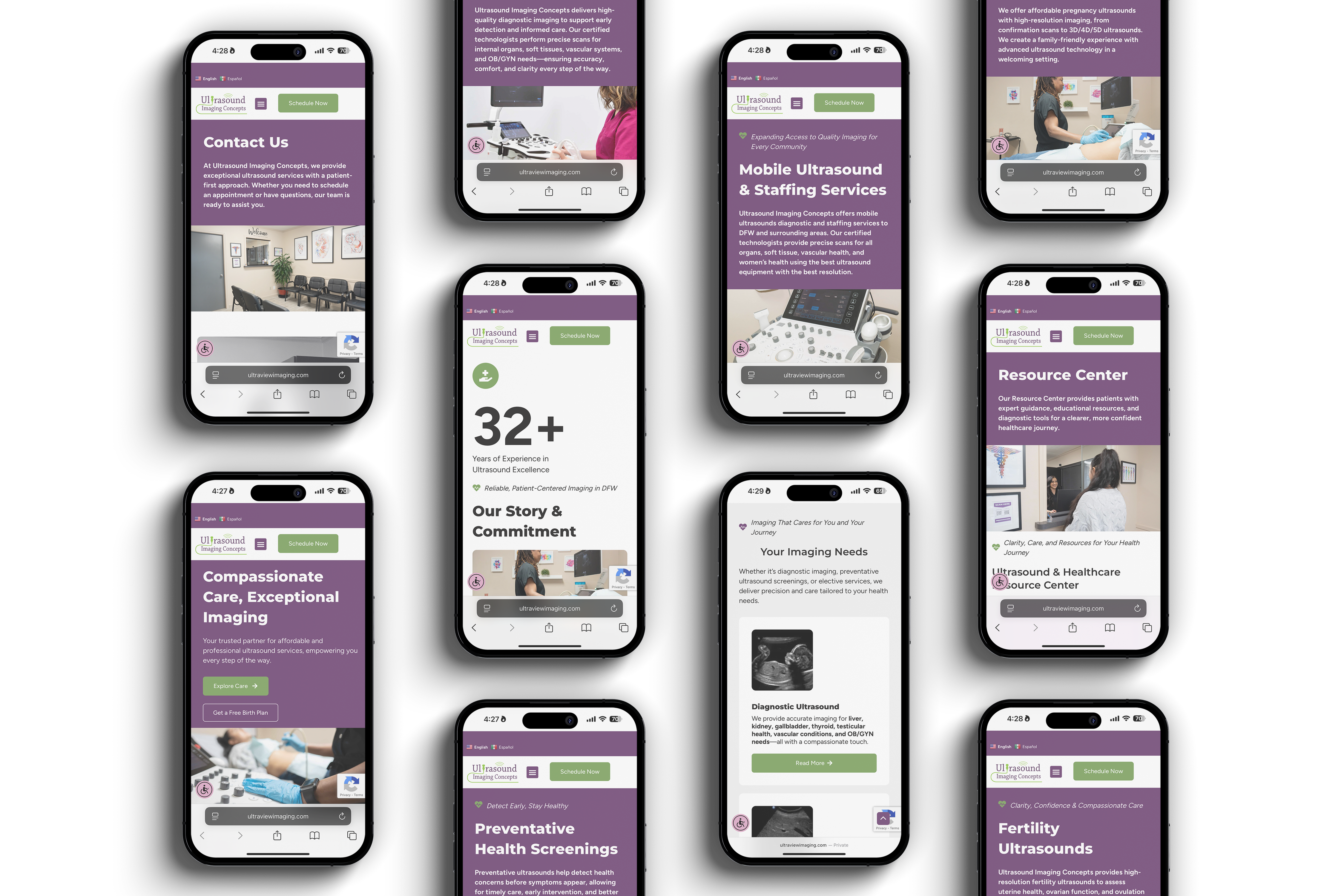 Set of mobile phone mockups showing different pages from the Ultrasound Imaging Concepts website including services, health screenings, and patient resources.