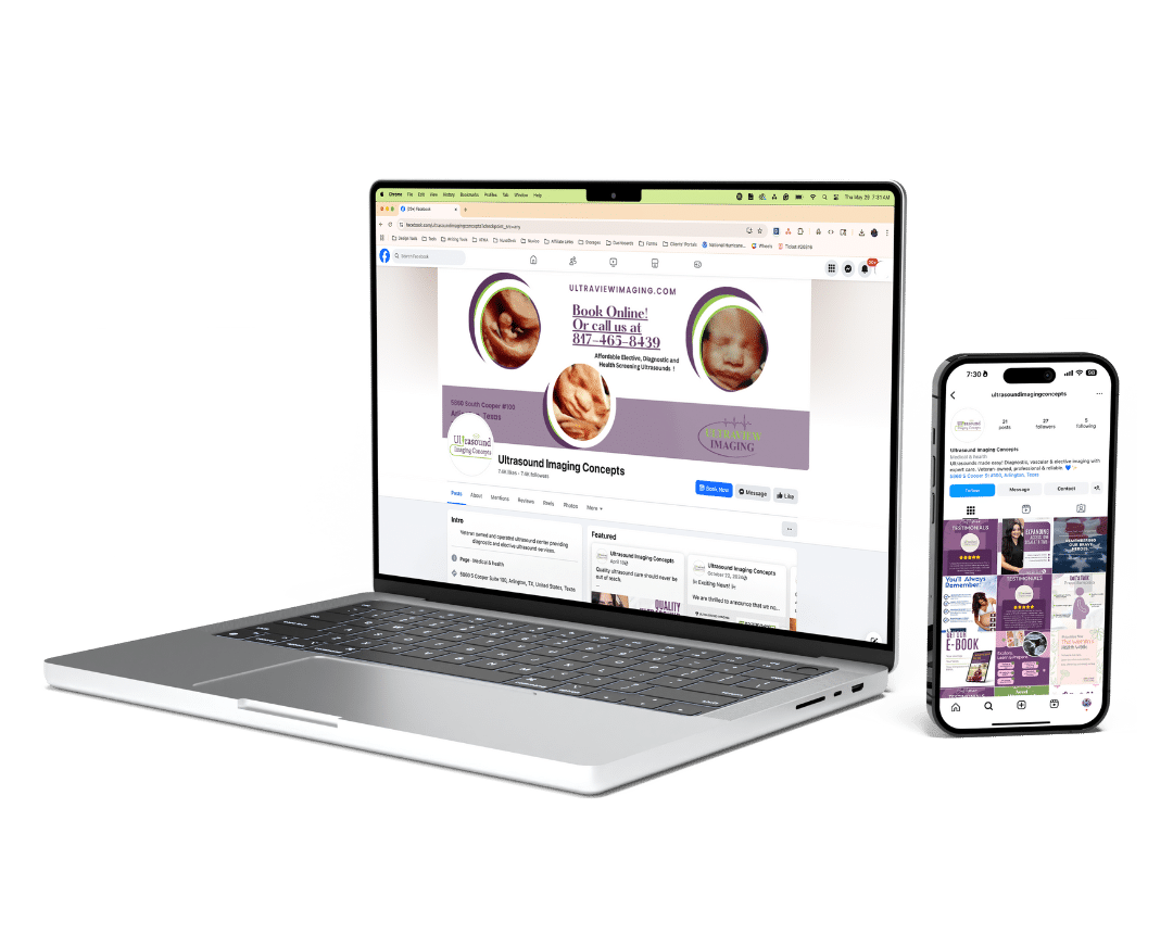 Laptop showing Facebook page and smartphone displaying Instagram profile of Ultrasound Imaging Concepts with branded content.