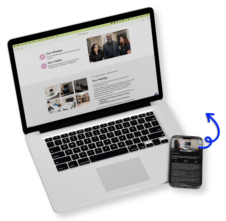 Laptop and smartphone mockup showing a healthcare facility website and video overview with team and facility photos.