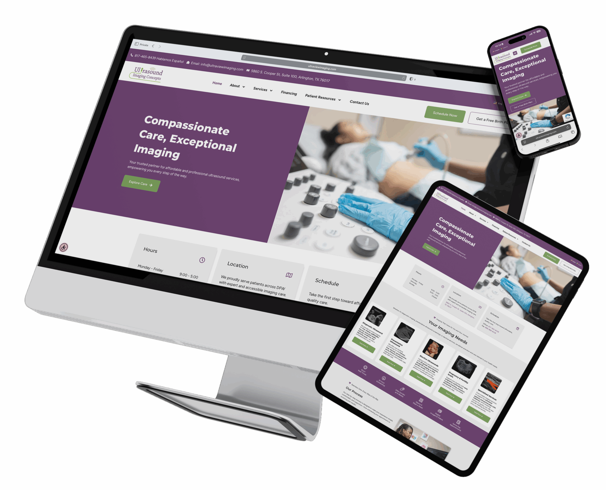Multi-device display of ultrasound imaging center's website on desktop, tablet, and smartphone screens.