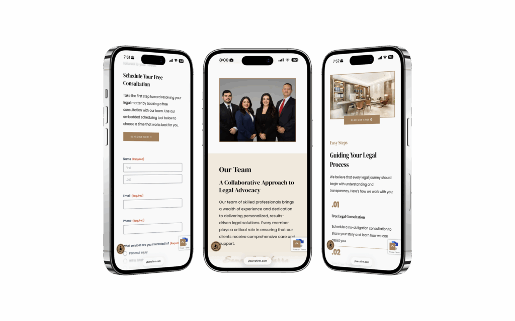 Trio of smartphones showing Ybarra Law Firm’s mobile site with team photo, free consultation form, and legal process overview