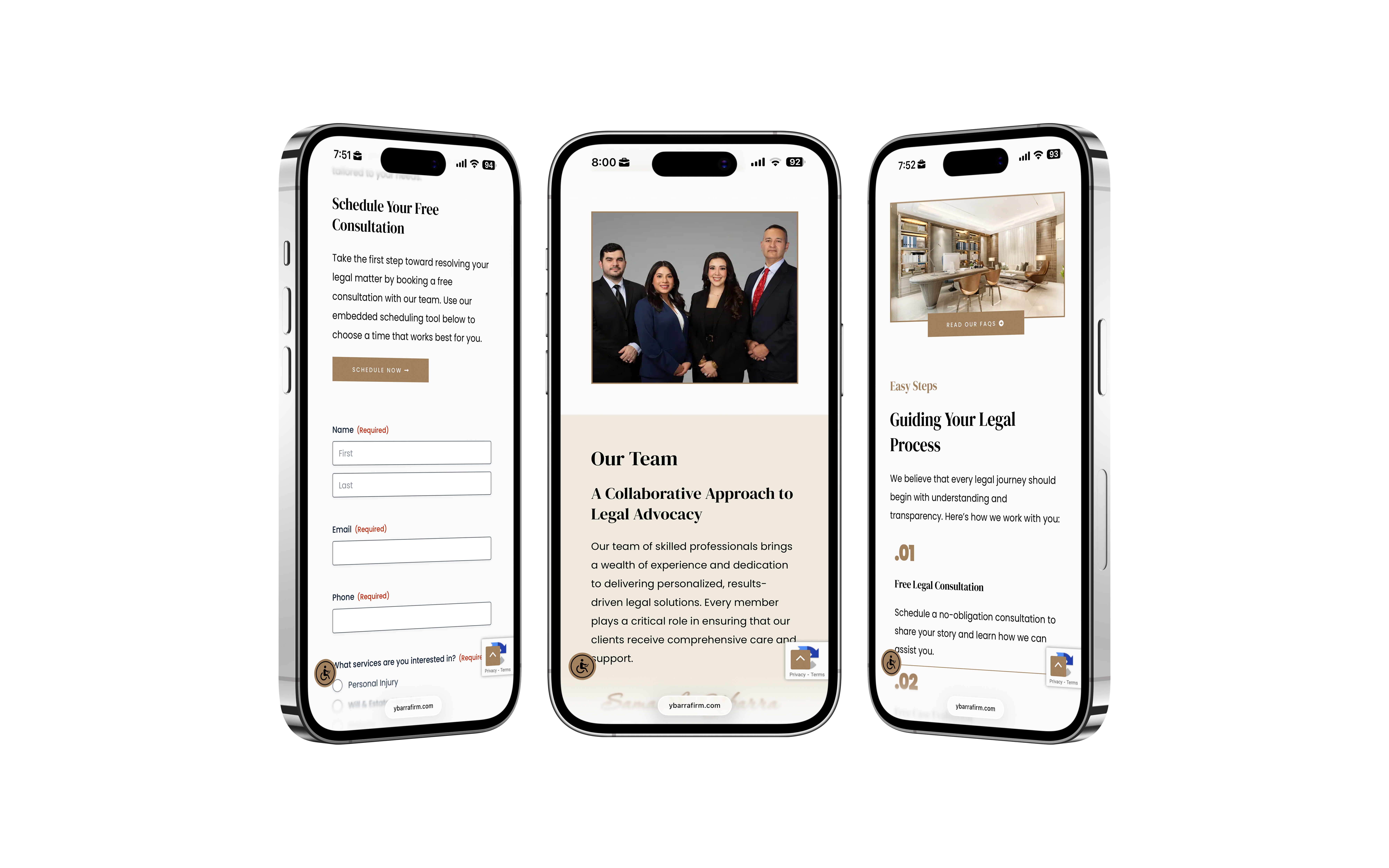 Trio of smartphones showing Ybarra Law Firm’s mobile site with team photo, free consultation form, and legal process overview