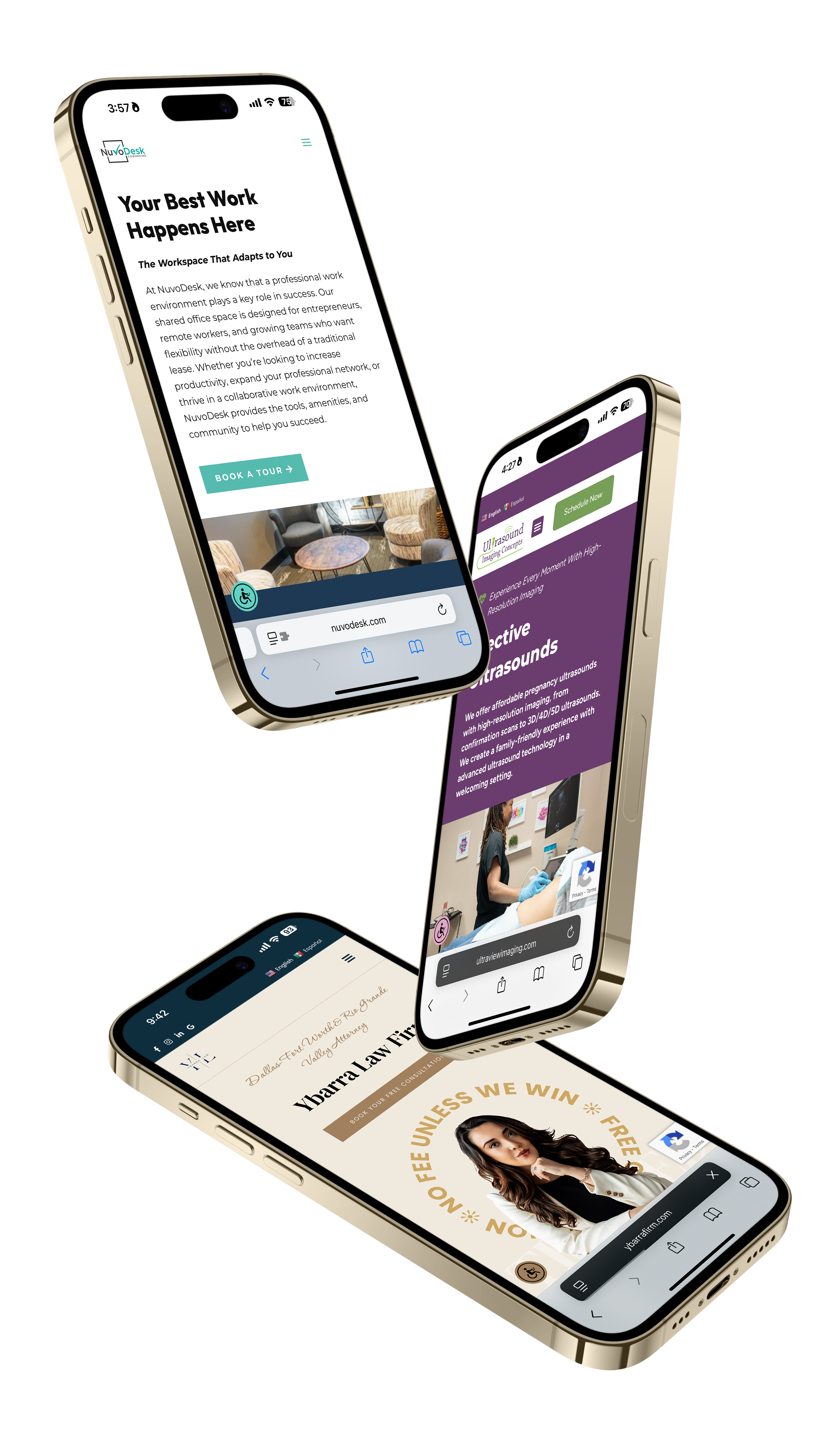Floating smartphones displaying websites for NuvoDesk, Ultrasound Imaging Concepts, and Ybarra Law Firm