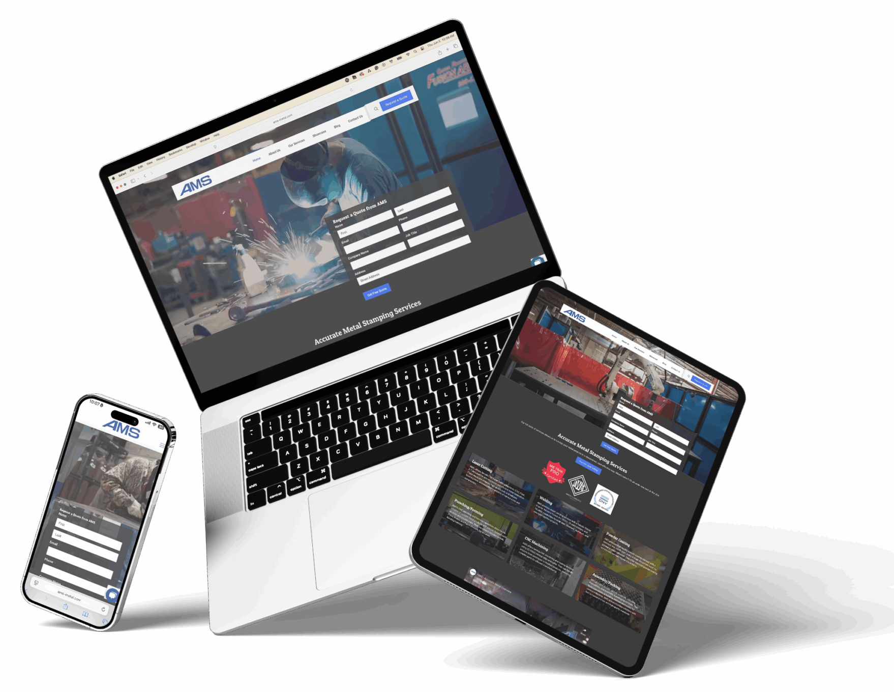 AMS website shown on smartphone, tablet, and laptop screens, illustrating responsive design for metal stamping services