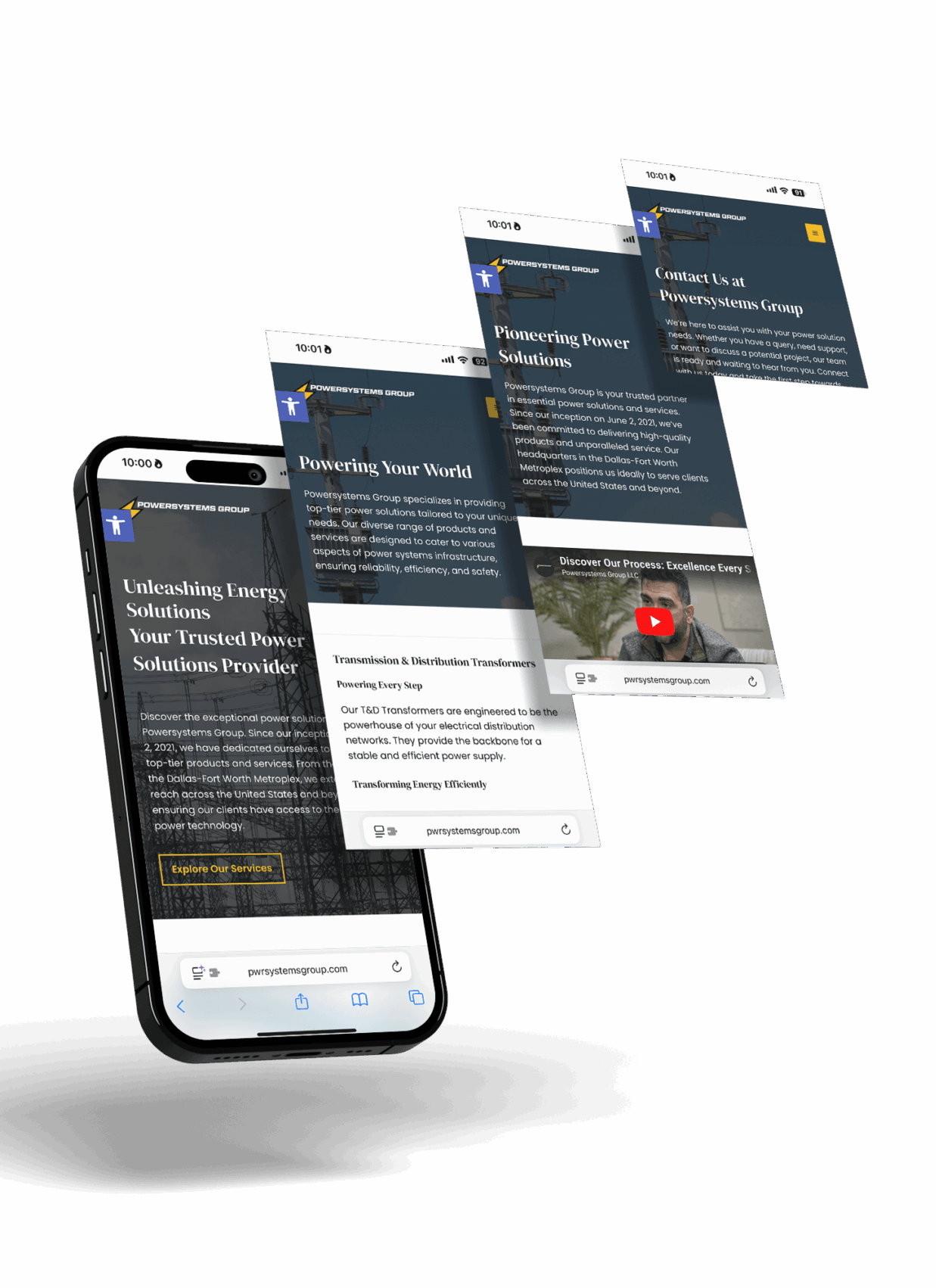 Multiple Powersystems Group mobile web pages layered over a smartphone to illustrate design and navigation