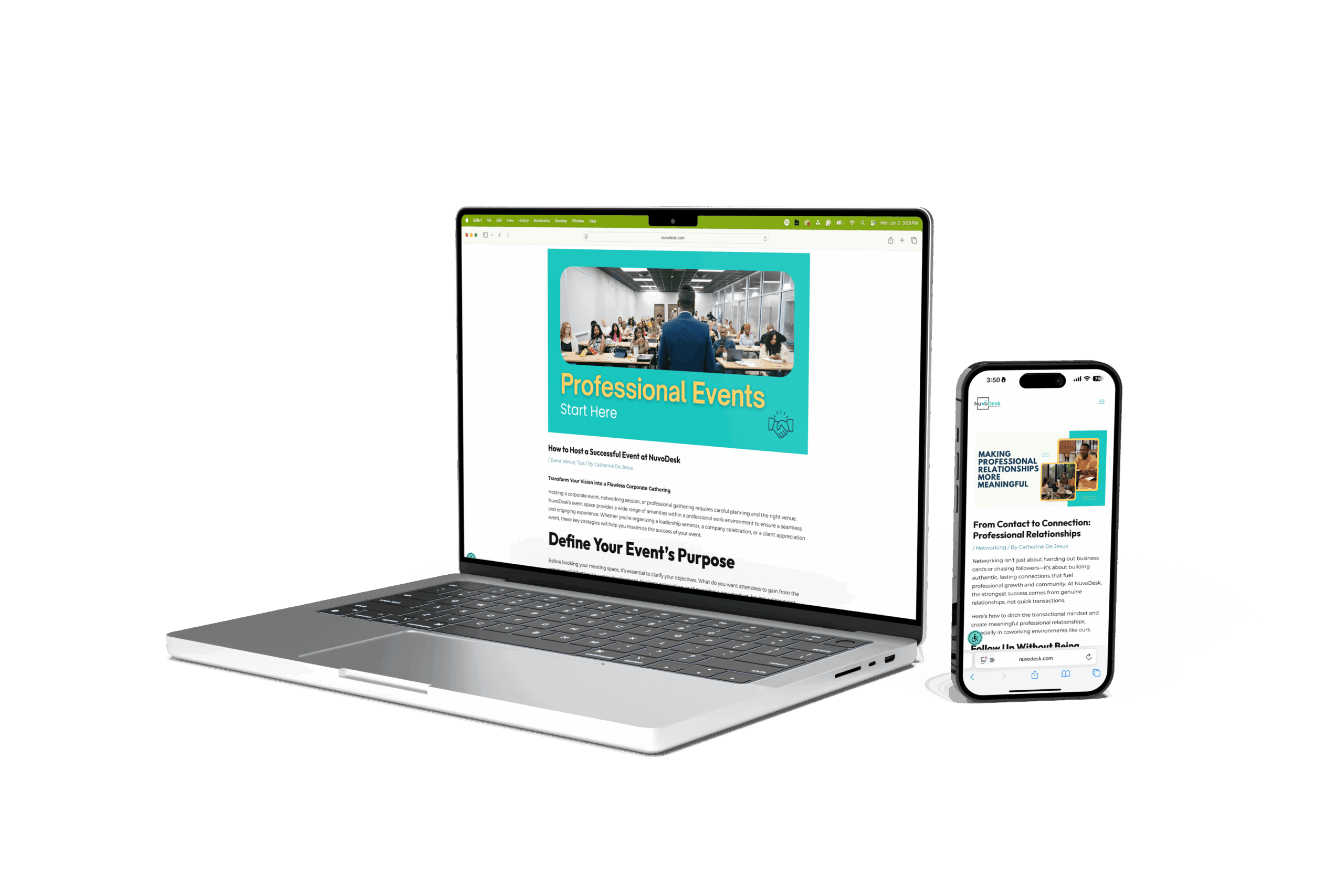Laptop and smartphone displaying NuvoDesk’s events page and social media post about professional relationships.