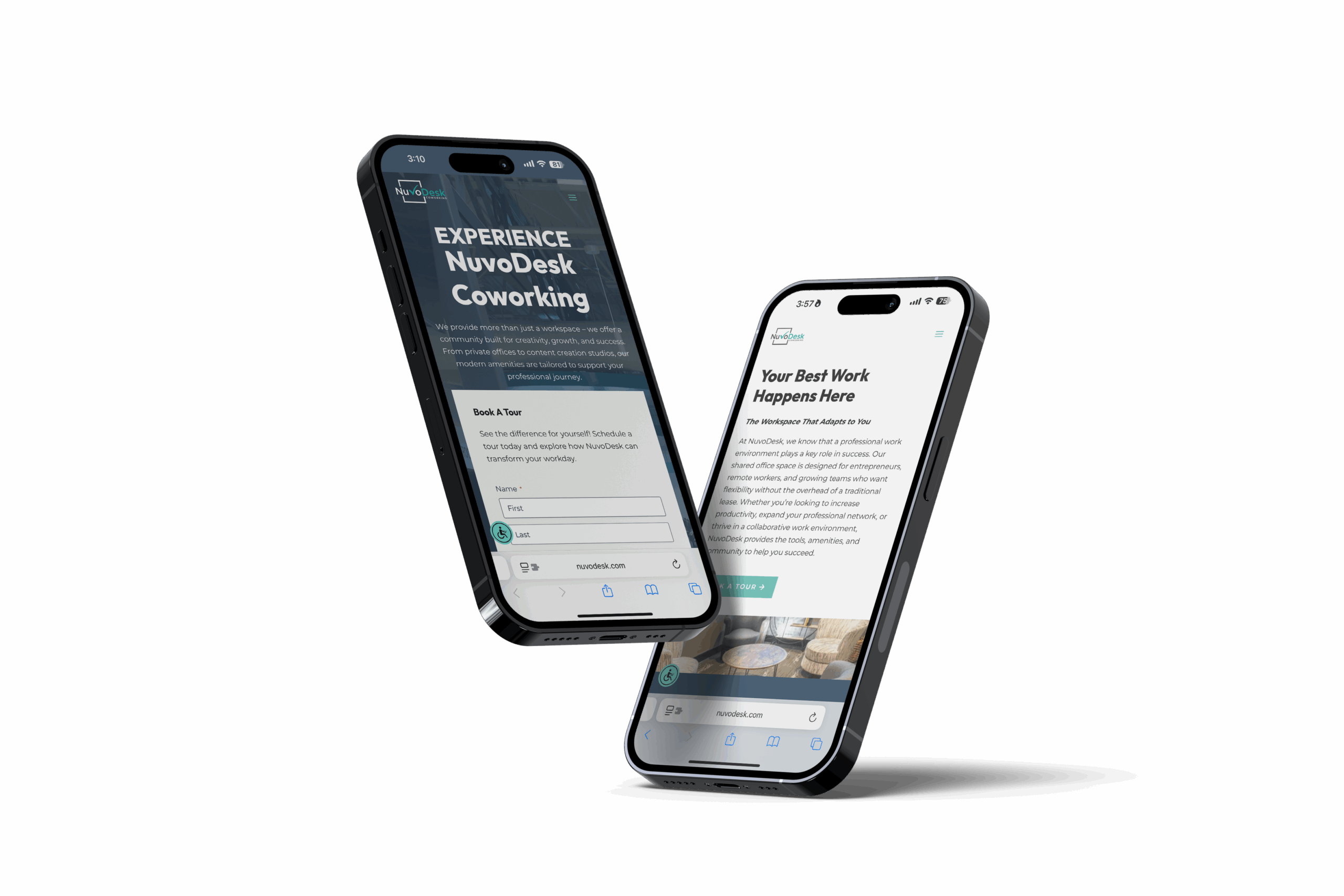 Two tilted smartphones featuring the NuvoDesk homepage and workspace benefits page.